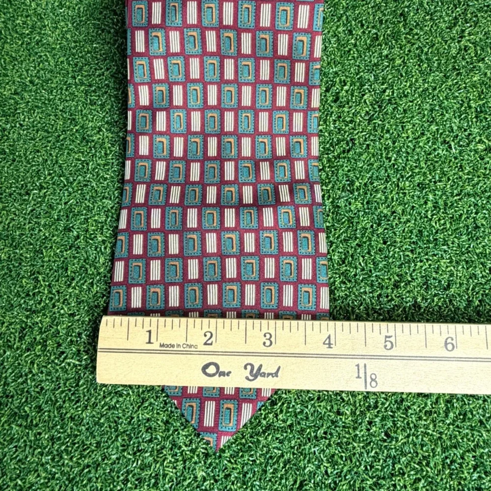 Oscar de la Renta Mens Silk Necktie Burgundy Teal‎ Geometric Couture Collection